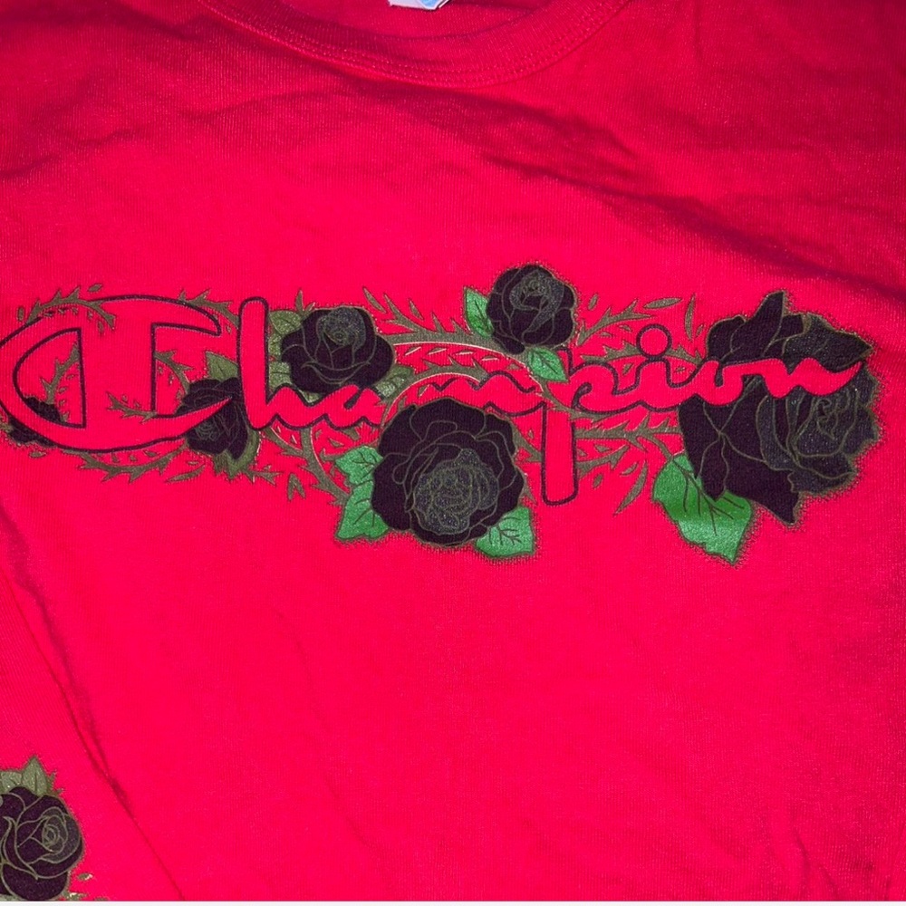 Red and black Champion tee with rose graphic